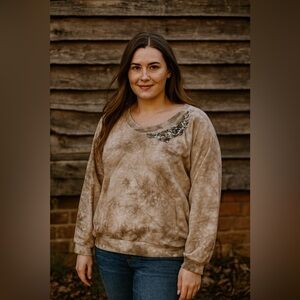 French blue embellished distressed french terry raglan long sleeve sweater